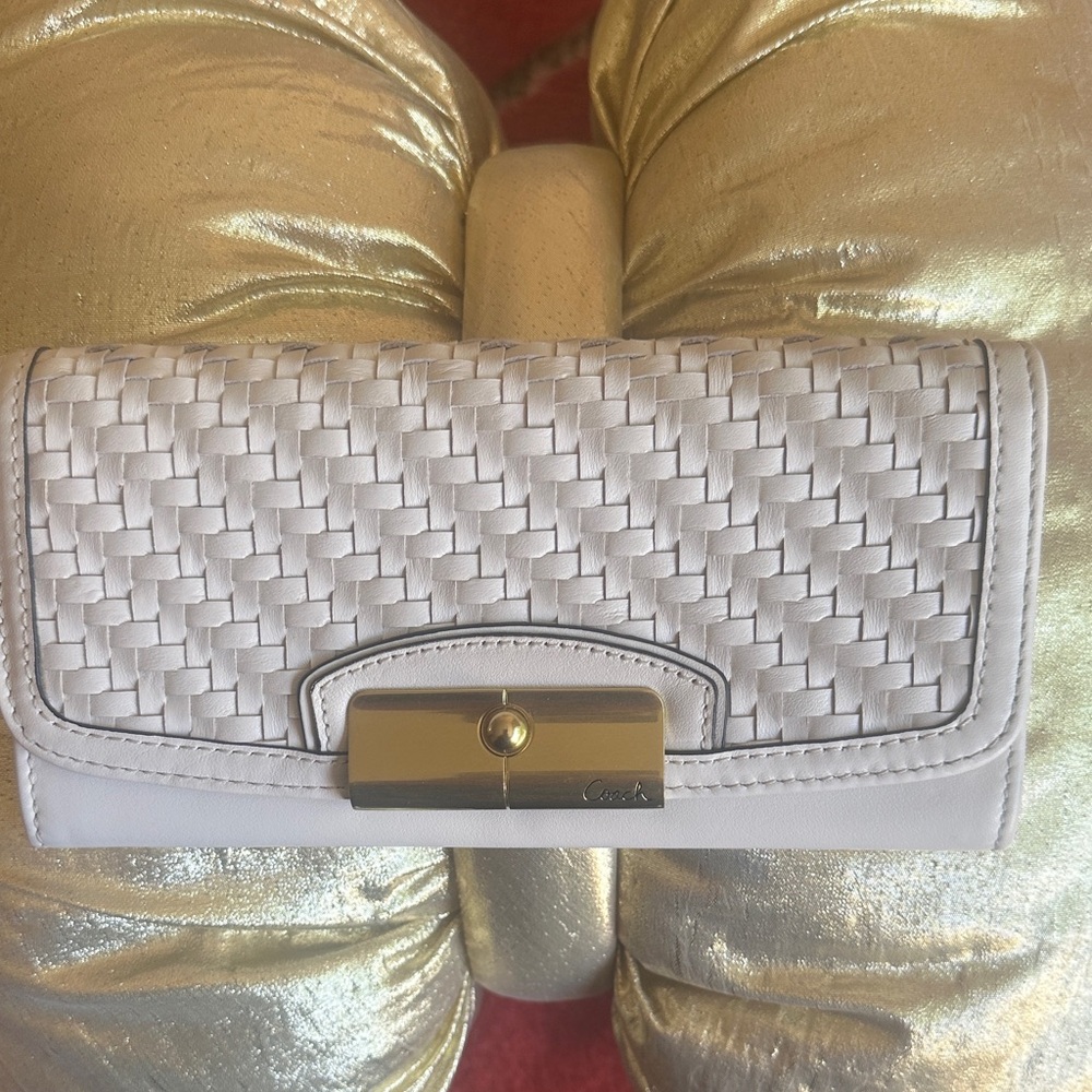 Coach Woven Leather Wallet in Light Beige with Gold Hardware